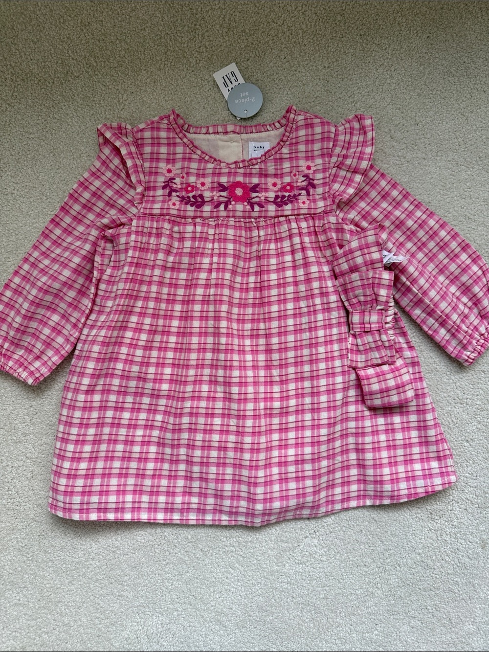 GAP Pink Plaid Floral-Embroidered Long Sleeve Dress & Headband